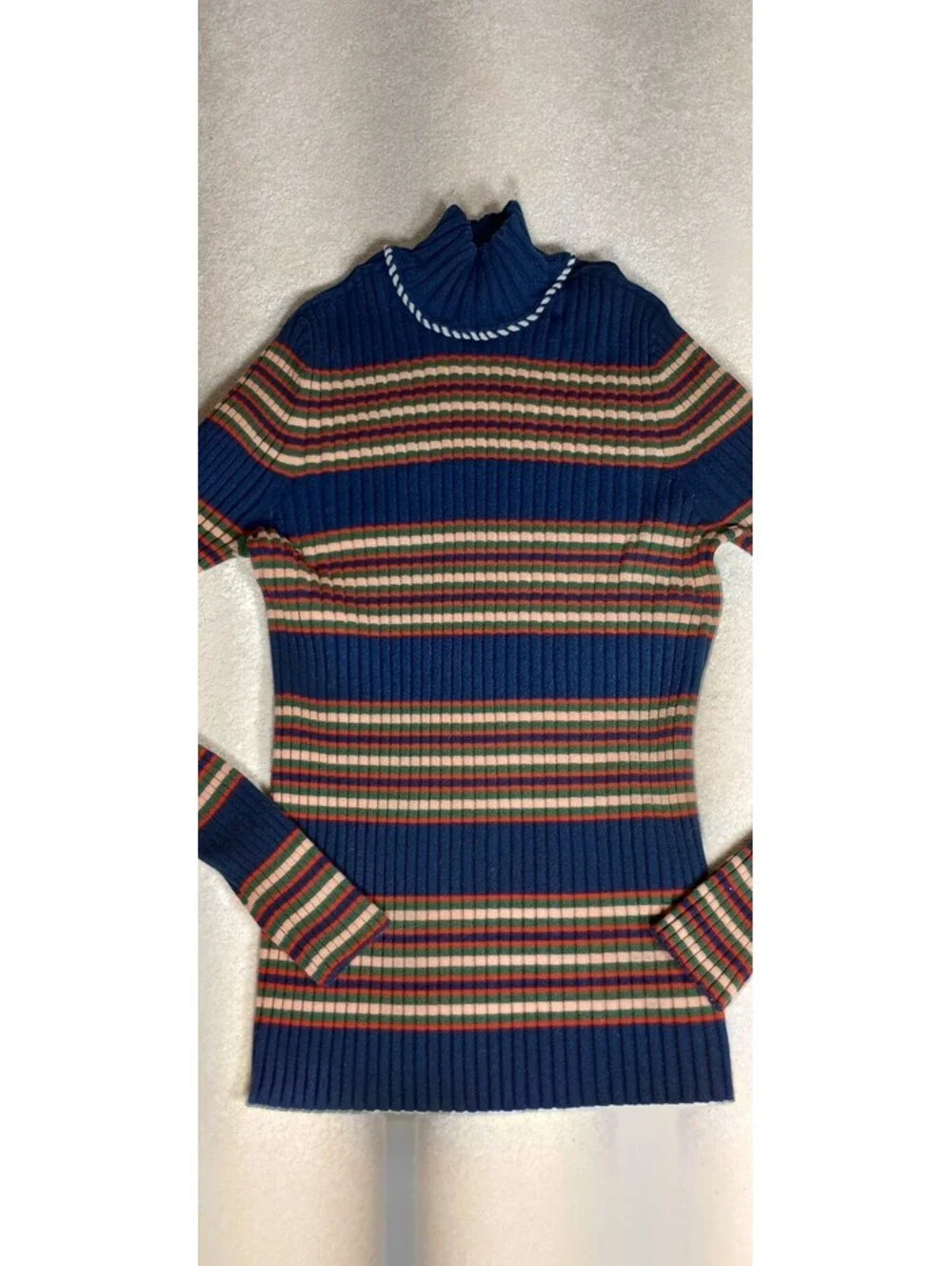 Tory Burch Striped Ribbed Turtleneck Sweater XL Blue Tan Merono Wool Stretch
